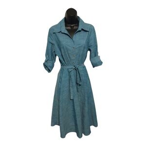 Blue curaçao sharkskin style fit and flare button down belted swing dress size 8